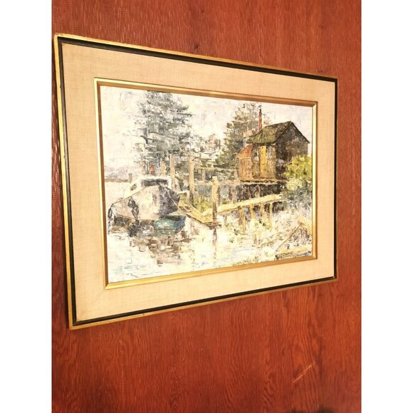 Original Oil Painting Waterfront by Peggy Hill Signed 1974 H 24.25 inch, W 30.25 - Picture 12 of 16
